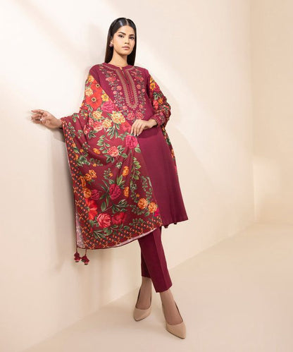 SAPPHIRE-3PC DHANAK EMBROIDERED SHIRT WITH COURTRAI PRINTED SHAWL AND TROUSER