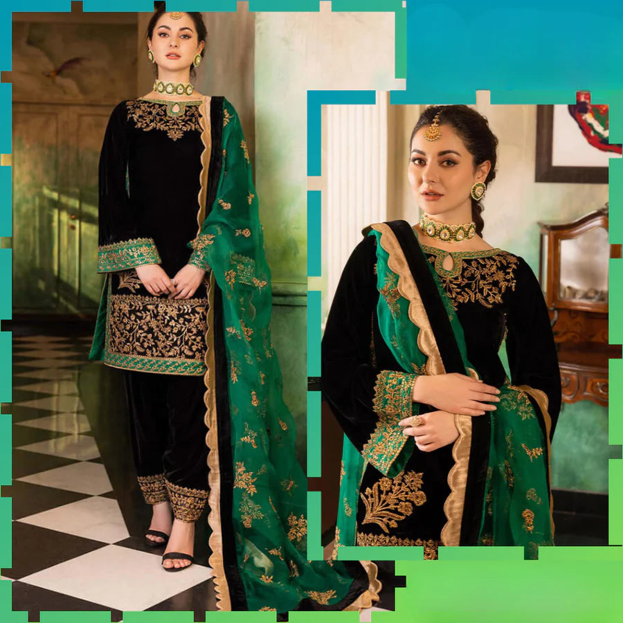 953 EMBROIDERED VELVET THREE PIECE WITH ORGANZA DUPATTA