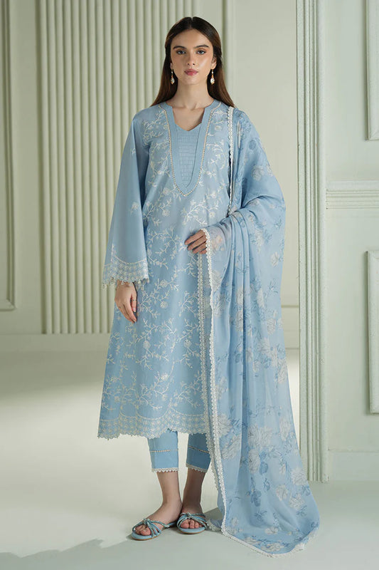 CROSS STITCH-3PC DHANAK EMBROIDERED SHIRT WITH COUTRAI PRINTED SHAWL AND TROUSER-BIC-4109