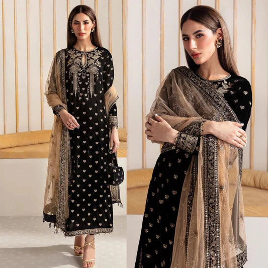 963 EMBROIDERED VELVET THREE PIECE DRESS WITH ORGANZA EMBROIDERED  DUPATTA