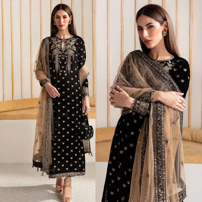 963 EMBROIDERED VELVET THREE PIECE DRESS WITH ORGANZA EMBROIDERED  DUPATTA