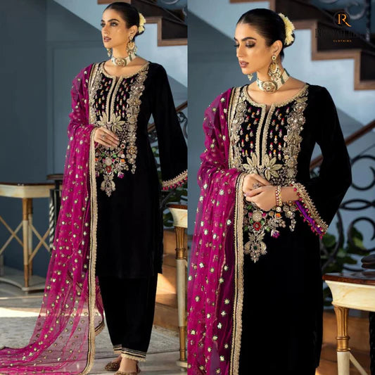 964 EMBROIDERED VELVET THREE PIECE DRESS WITH ORGANZA EMBROIDERED  DUPATTA