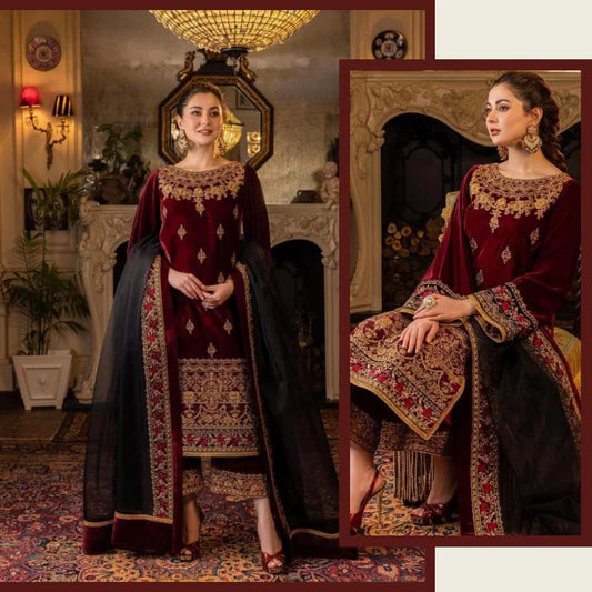 617 EMBROIDERED VELVET THREE PIECE DRESS WITH ORGANZA EMBROIDERED  DUPATTA